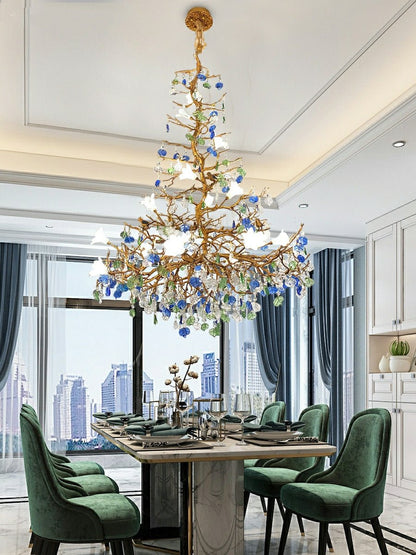 Stylish Colored Glaze Flower Crystal Chandelier Brass Tree Branch Ceiling Light For Living Room Hotel Hall-Nobipets