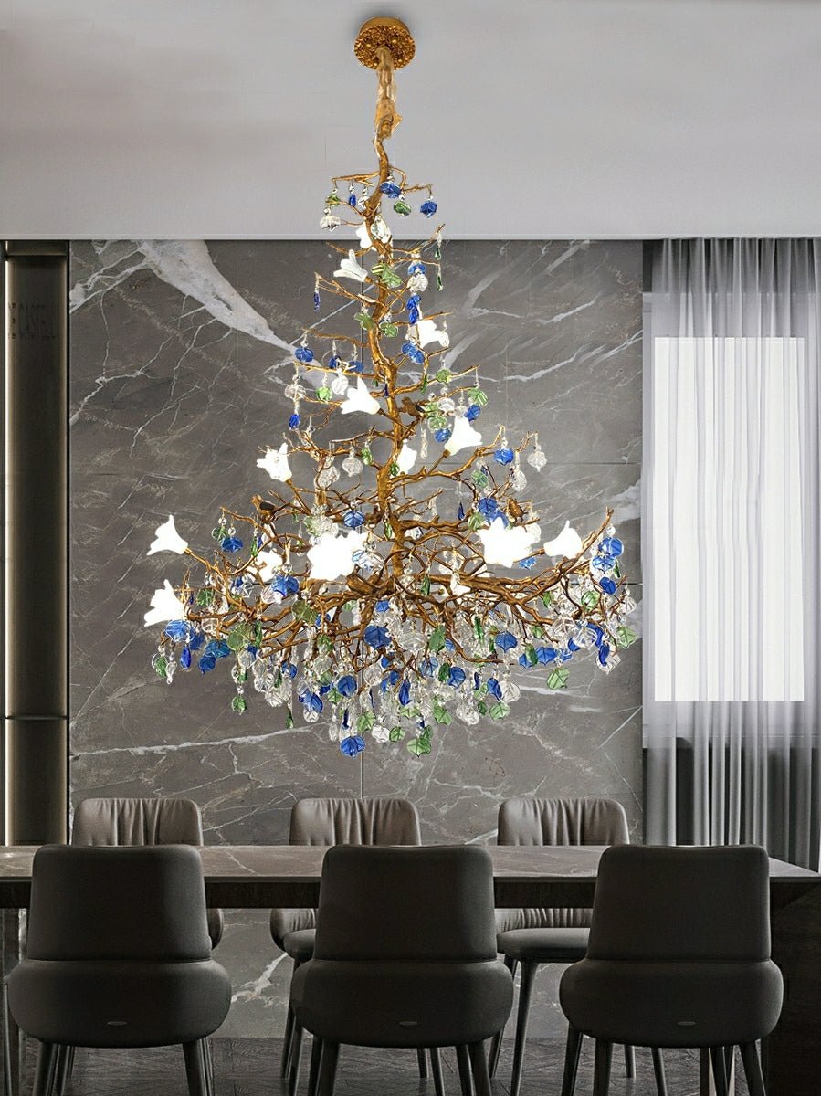 Stylish Colored Glaze Flower Crystal Chandelier Brass Tree Branch Ceiling Light For Living Room Hotel Hall-Nobipets