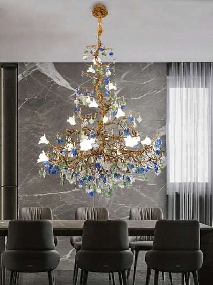 Stylish Colored Glaze Flower Crystal Chandelier Brass Tree Branch Ceiling Light For Living Room Hotel Hall-Nobipets