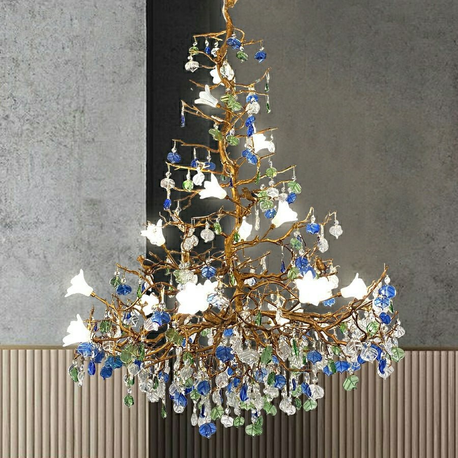 Stylish Colored Glaze Flower Crystal Chandelier Brass Tree Branch Ceiling Light For Living Room Hotel Hall-Nobipets