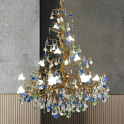 Stylish Colored Glaze Flower Crystal Chandelier Brass Tree Branch Ceiling Light For Living Room Hotel Hall-Nobipets