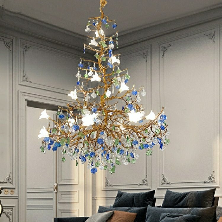 Stylish Colored Glaze Flower Crystal Chandelier Brass Tree Branch Ceiling Light For Living Room Hotel Hall-Nobipets