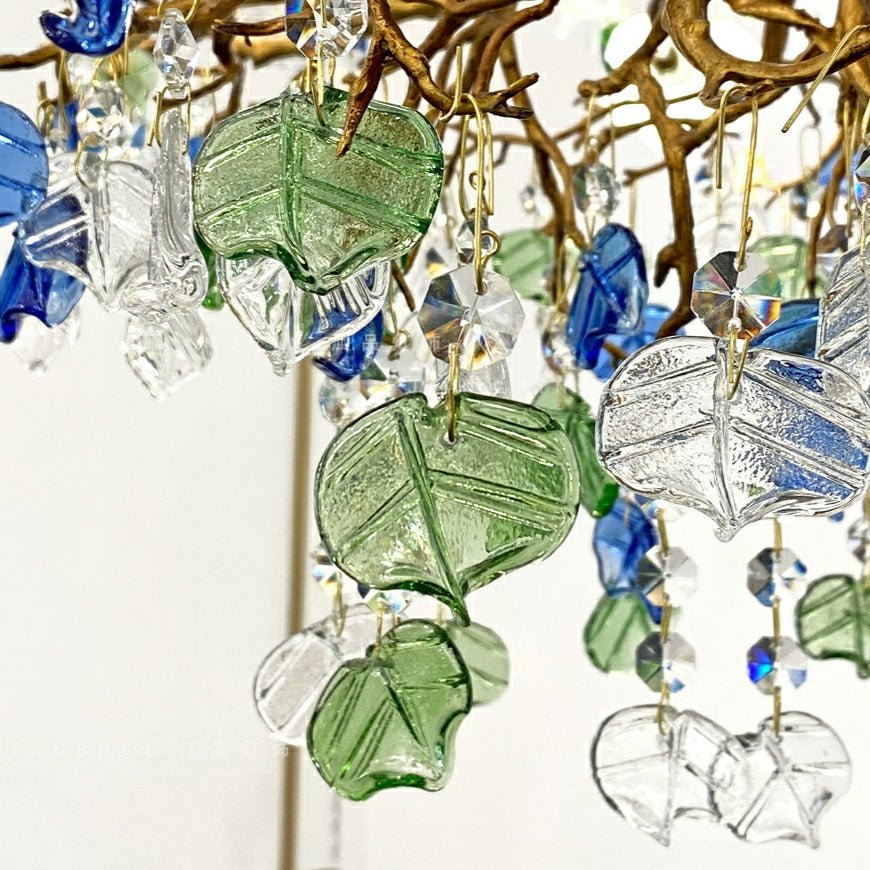Stylish Colored Glaze Flower Crystal Chandelier Brass Tree Branch Ceiling Light For Living Room Hotel Hall-Nobipets