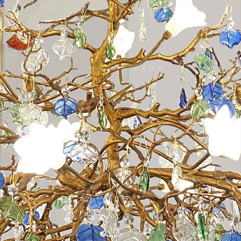 Stylish Colored Glaze Flower Crystal Chandelier Brass Tree Branch Ceiling Light For Living Room Hotel Hall-Nobipets