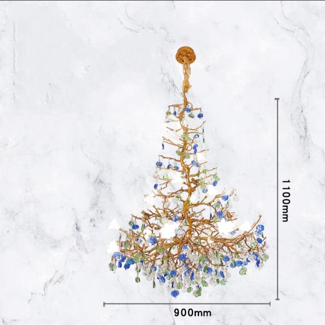 Stylish Colored Glaze Flower Crystal Chandelier Brass Tree Branch Ceiling Light For Living Room Hotel Hall-Nobipets