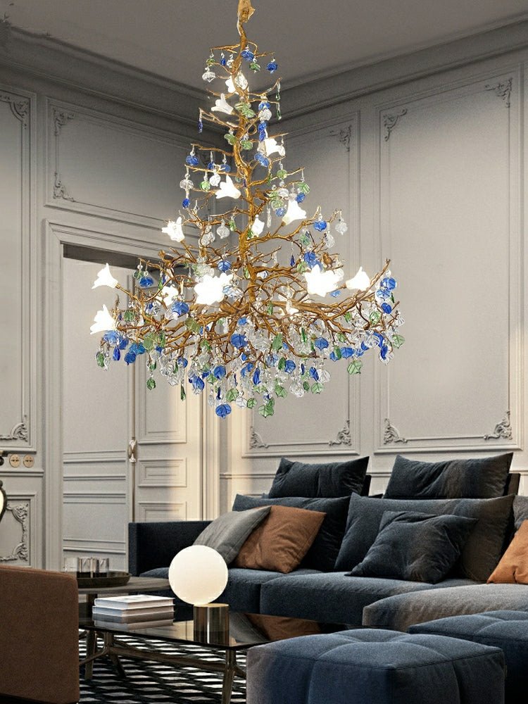 Stylish Colored Glaze Flower Crystal Chandelier Brass Tree Branch Ceiling Light For Living Room Hotel Hall-Nobipets