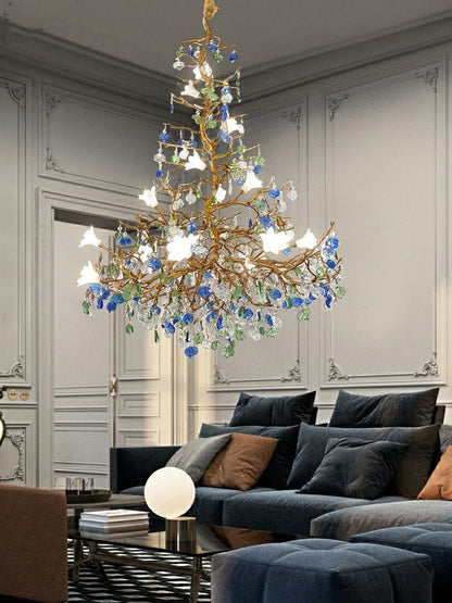 Stylish Colored Glaze Flower Crystal Chandelier Brass Tree Branch Ceiling Light For Living Room Hotel Hall-Nobipets