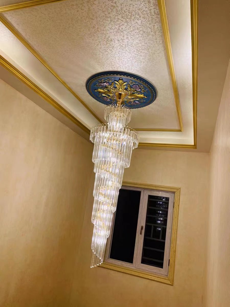 Tiered Foyer Staircase Spiral Crystal Chandelier Hotel Hall/ Entrance High Ceiling Pendant Lighting Fixture-Nobipets